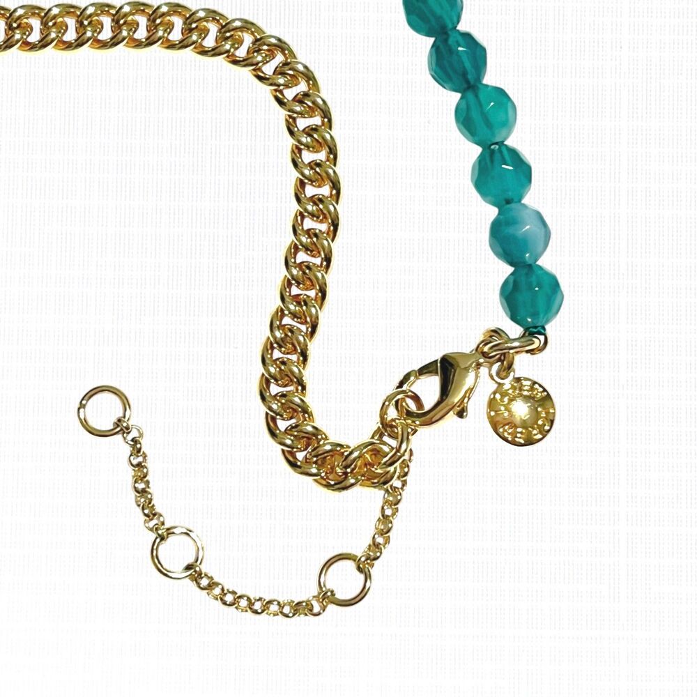 J Crew Half Beaded Chain Necklace Coin Pendant Green Gold Tone Oval Dangle - Picture 5 of 7